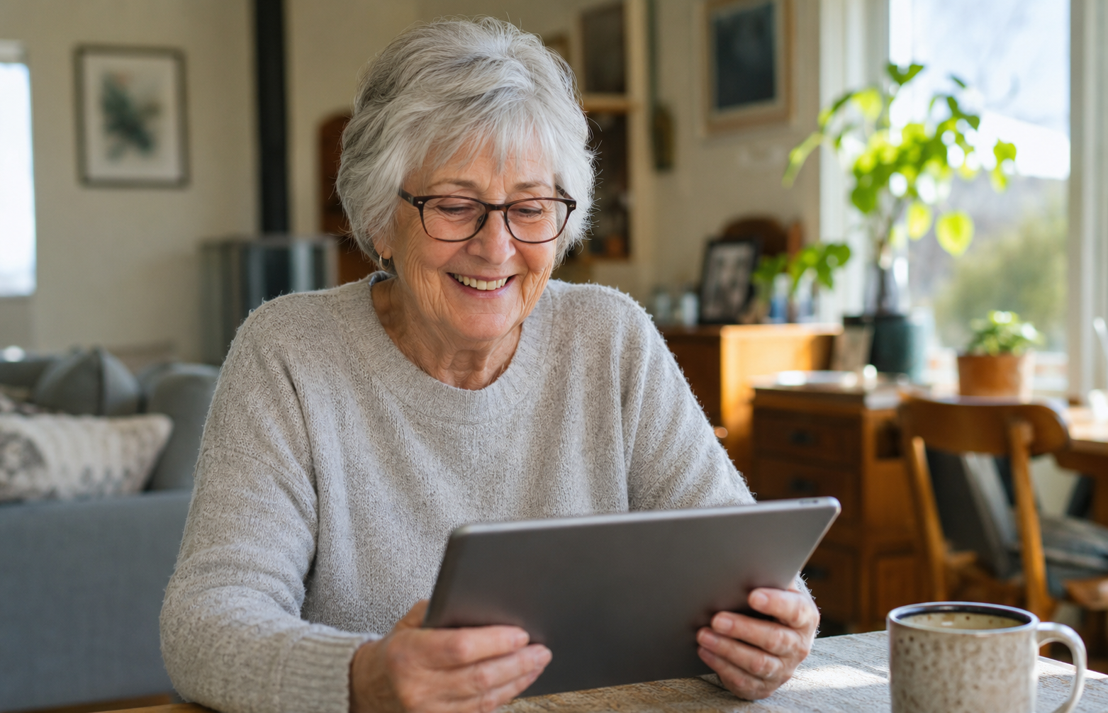 An older New Zealand woman smiling warmly while using a tablet with a cup of tea beside her